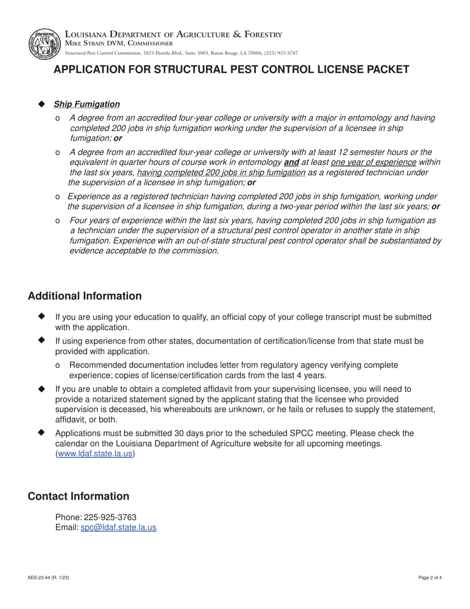 Form AES-23-44 Application for Structural Pest Control License - Louisiana, Page 2