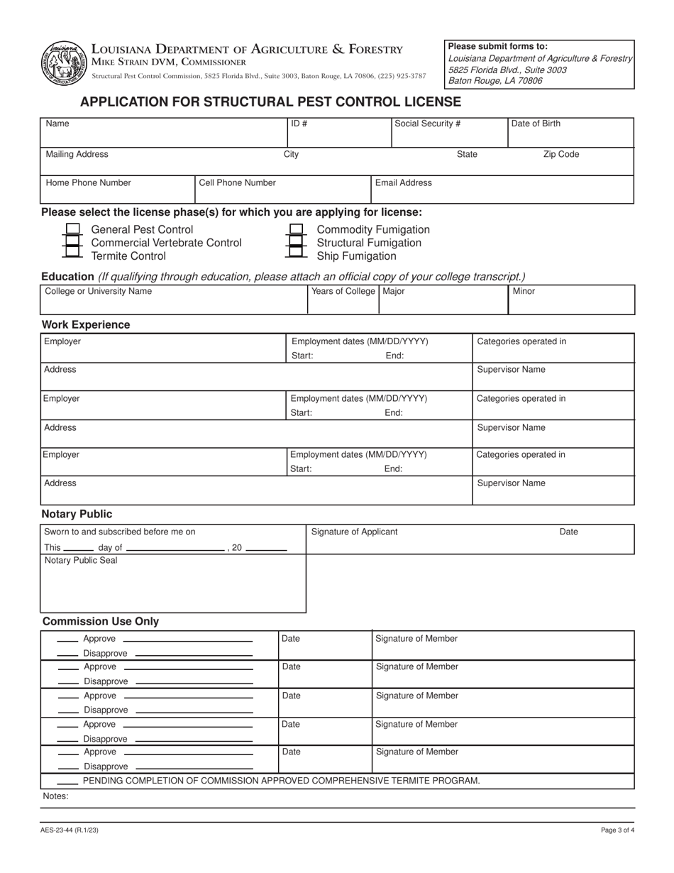 Form AES-23-44 Application for Structural Pest Control License - Louisiana, Page 3