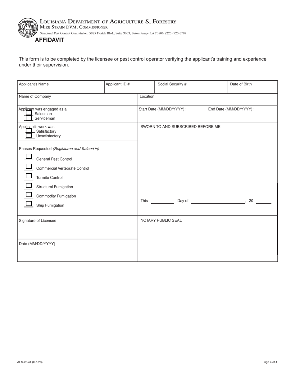 Form AES-23-44 Application for Structural Pest Control License - Louisiana, Page 4