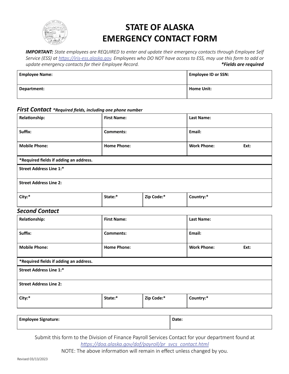 Emergency Contact Form - Alaska, Page 1