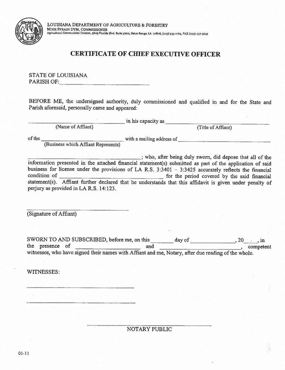 Certificate of Chief Executive Officer - Louisiana, Page 1