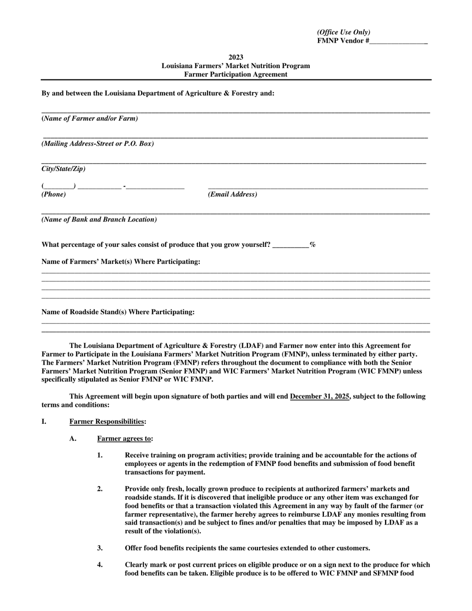 Farmer Participation Agreement - Louisiana Farmers Market Nutrition Program - Louisiana, Page 1