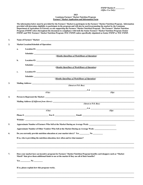 Farmers' Market Application and Information Form - Louisiana Farmers' Market Nutrition Program - Louisiana, 2023