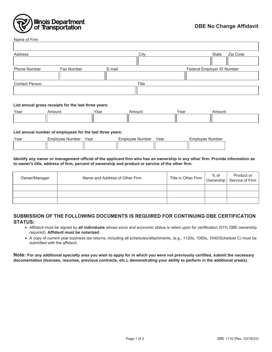Form SBE1110 Dbe No Change Affidavit - Illinois, Page 1