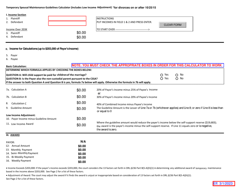 Temporary Spousal Maintenance Guidelines Calculator (Includes Low Income Adjustment) for Divorces on or After 10 / 25 / 15 - New York Download Pdf