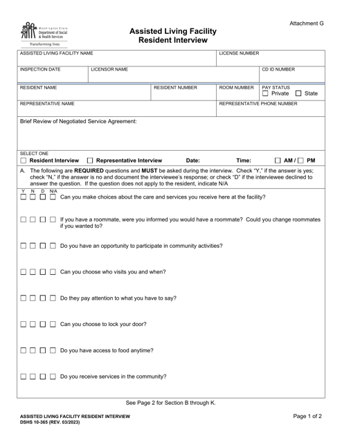 DSHS Form 10-365 Attachment G Assisted Living Facility Resident Interview - Washington