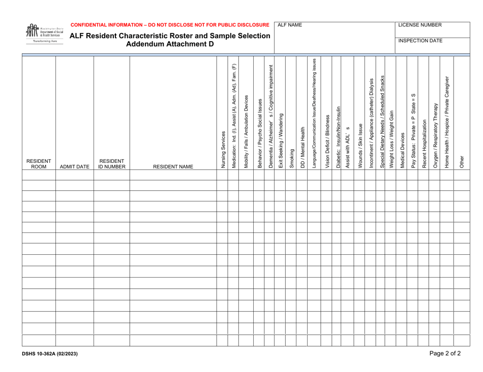 DSHS Form 10-362A Attachment D Alf Resident Characteristic Roster and Sample Selection Addendum - Washington, Page 2