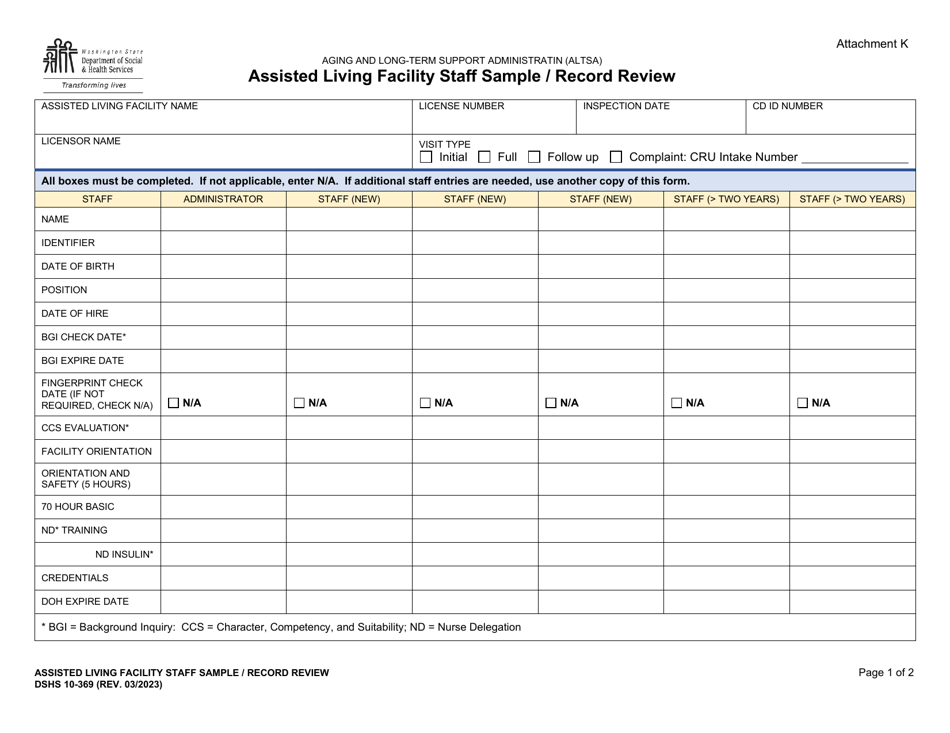 DSHS Form 10-369 Attachment K Assisted Living Facility Staff Sample / Record Review - Washington, Page 1