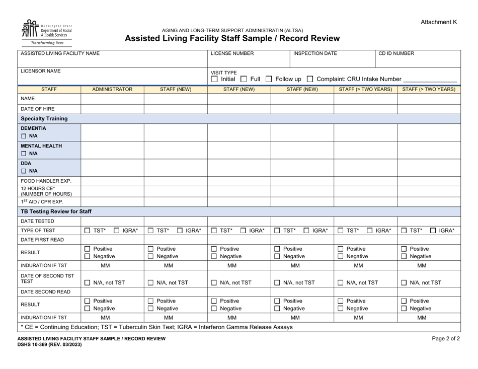 DSHS Form 10-369 Attachment K Assisted Living Facility Staff Sample / Record Review - Washington, Page 2