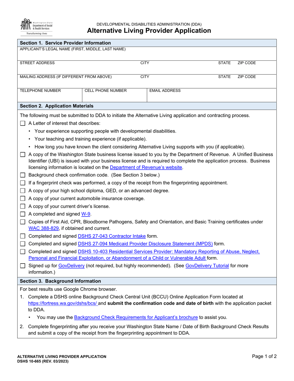 DSHS Form 10-665 Alternative Living Provider Application - Washington, Page 1