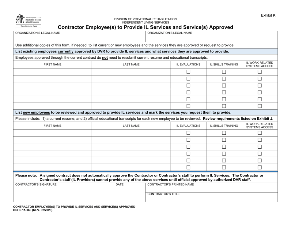 DSHS Form 11-166 Exhibit K Contractor Employee(S) to Provide IL Services and Service(S) Approved - Washington, Page 1