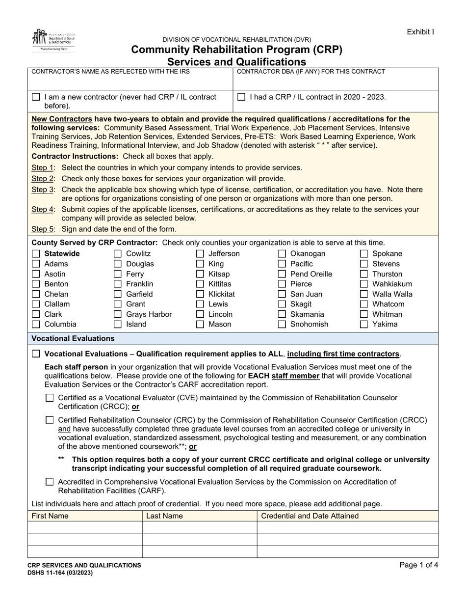 DSHS Form 11-164 Exhibit 1 Community Rehabilitation Program (Crp) Services and Qualifications - Washington, Page 1