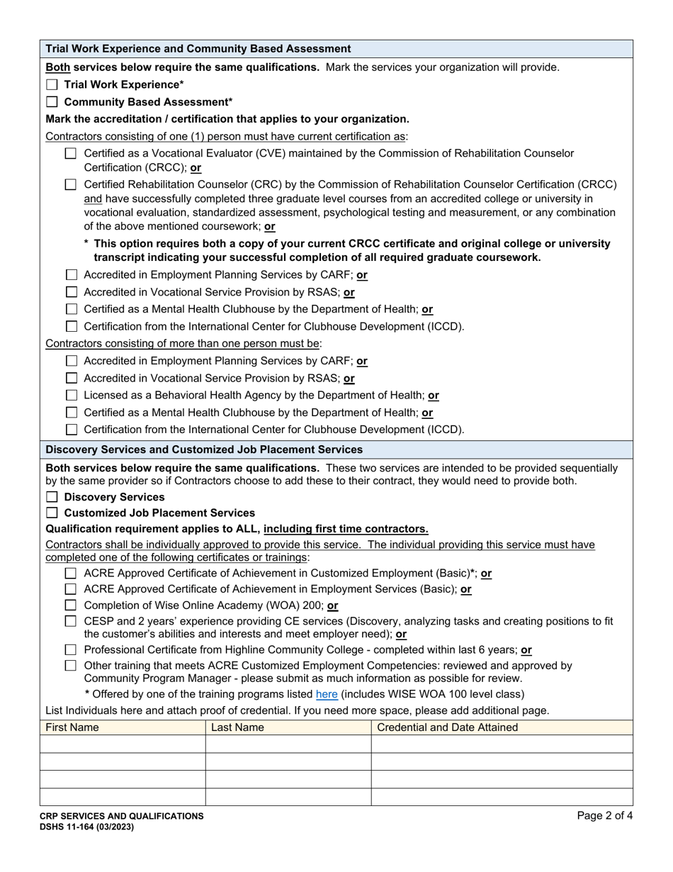 DSHS Form 11-164 Exhibit 1 Community Rehabilitation Program (Crp) Services and Qualifications - Washington, Page 2