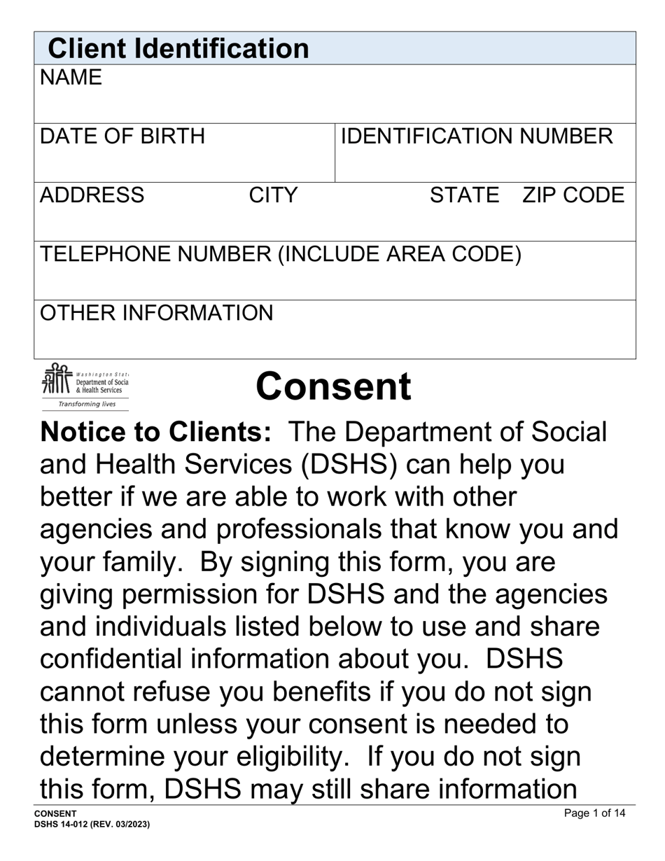 DSHS Form 14-012 Consent - Large Print - Washington, Page 1
