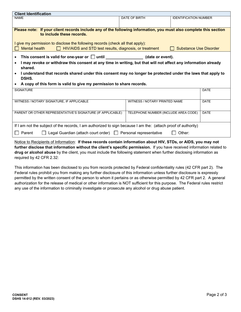 Dshs Form 14 012 Download Printable Pdf Or Fill Online Consent Washington Templateroller 9573