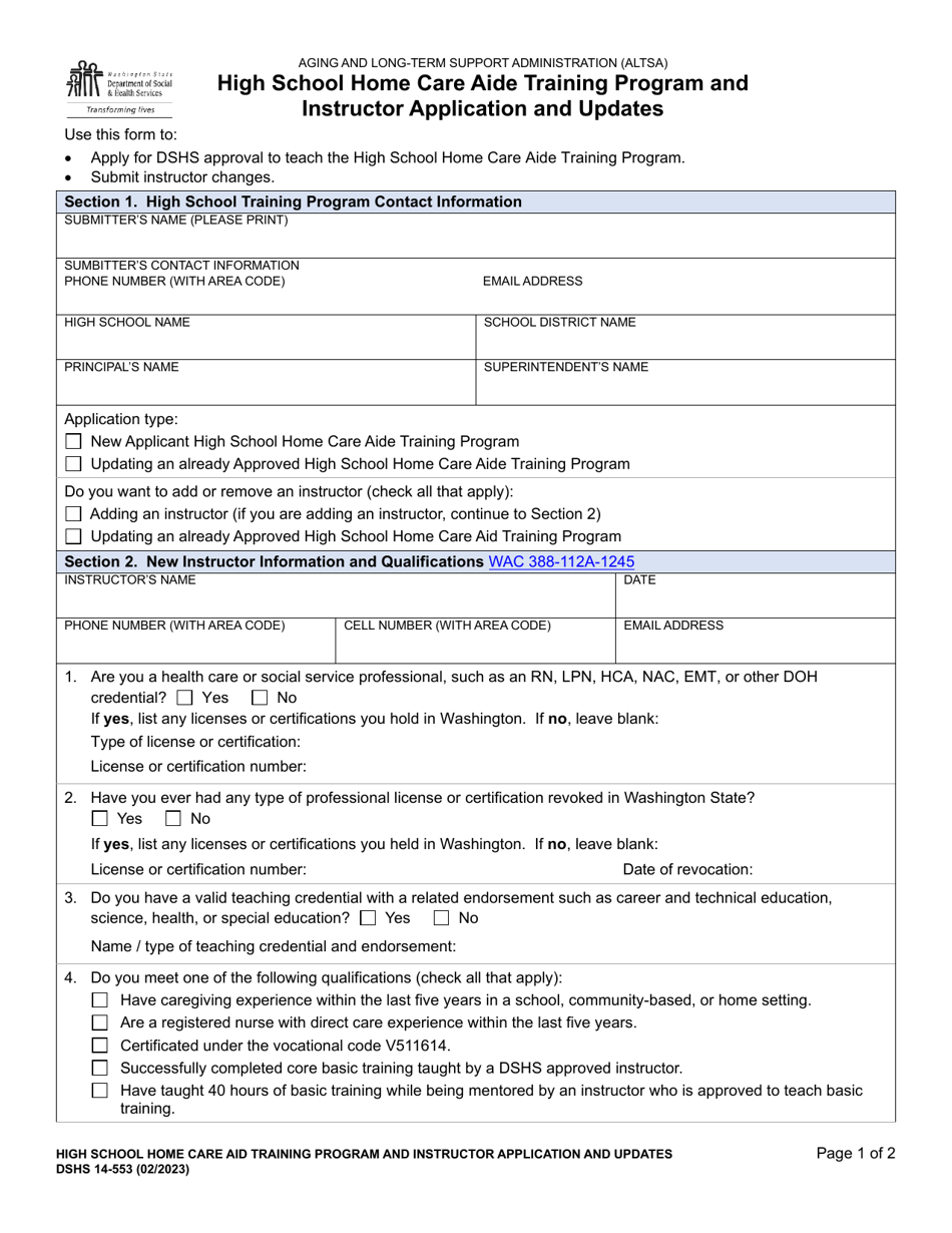 DSHS Form 14-553 High School Home Care Aide Training Program and Instructor Application and Updates - Washington, Page 1