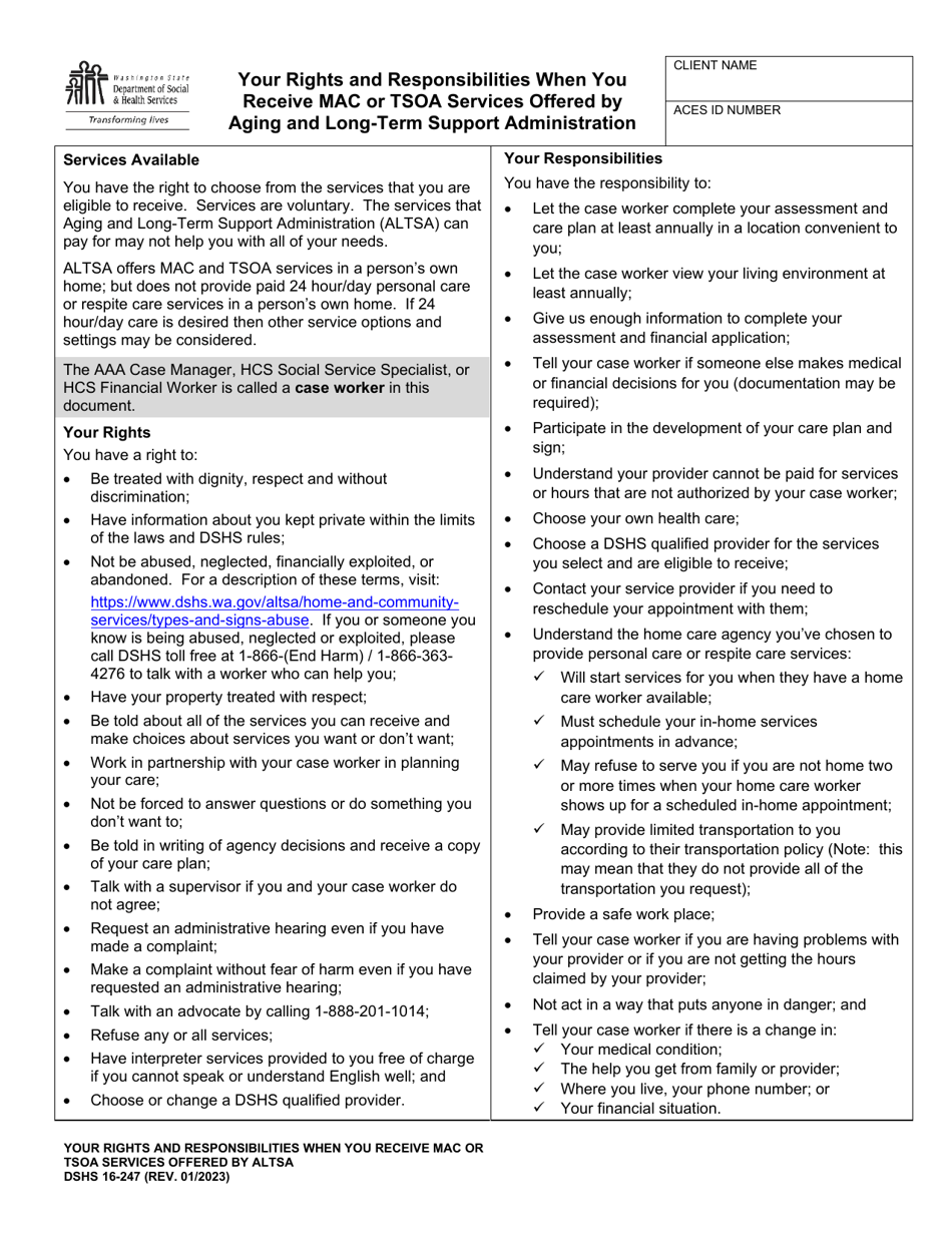 DSHS Form 16-247 Your Rights and Responsibilities When You Receive Mac or Tsoa Services Offered by Aging and Long-Term Support Administration - Washington, Page 1