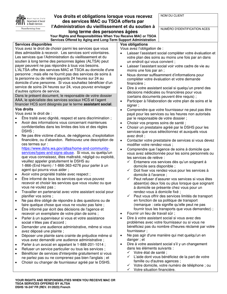 DSHS Form 16-247 Your Rights and Responsibilities When You Receive Mac or Tsoa Services Offered by Aging and Long-Term Support Administration - Washington (French), Page 1