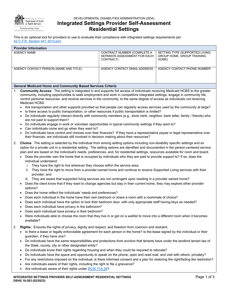 DSHS Form 16-263 Integrated Settings Provider Self-assessment Residential Settings - Washington, Page 1