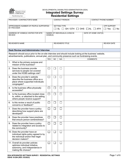DSHS Form 16-264 Integrated Settings Survey: Residential Settings - Washington