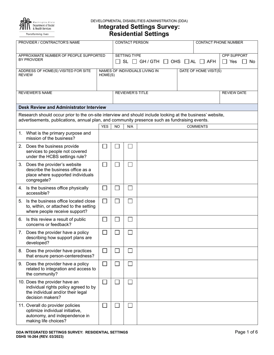 DSHS Form 16-264 Integrated Settings Survey: Residential Settings - Washington, Page 1