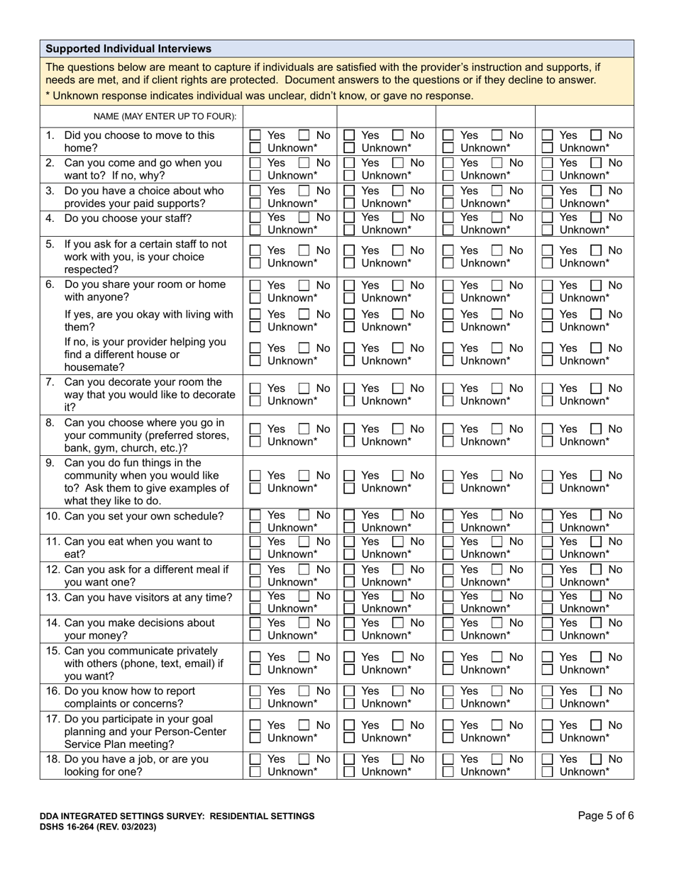 DSHS Form 16-264 Integrated Settings Survey: Residential Settings - Washington, Page 5