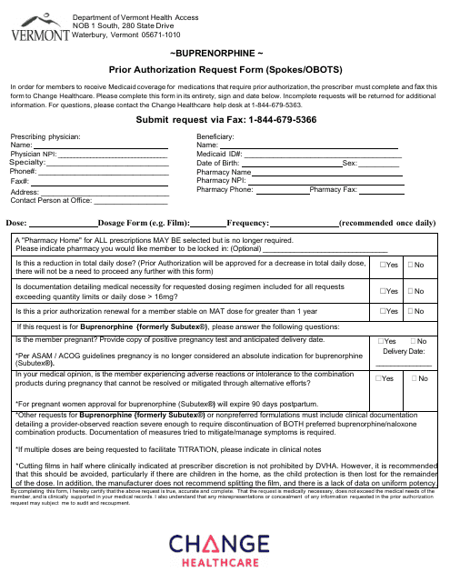 Buprenorphine Prior Authorization Request Form (Spokes / Obots) - Vermont Download Pdf
