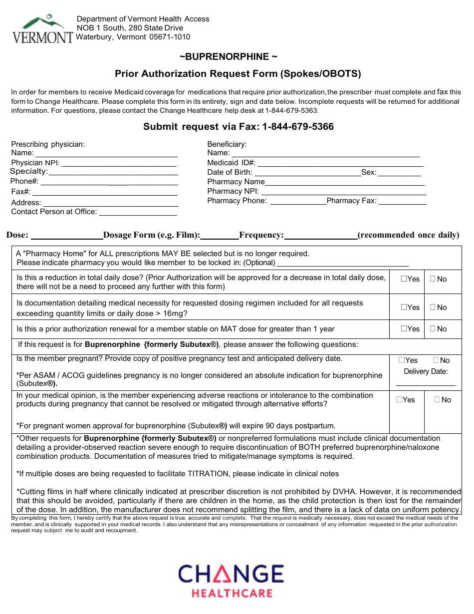 Buprenorphine Prior Authorization Request Form (Spokes / Obots) - Vermont, Page 1