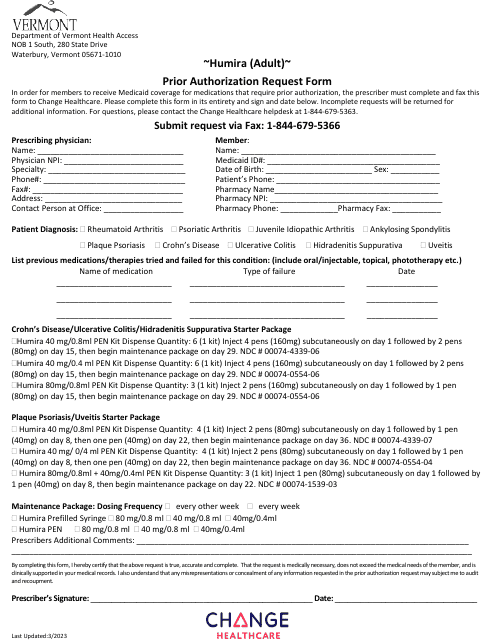 Humira (Adult) Prior Authorization Request Form - Vermont Download Pdf
