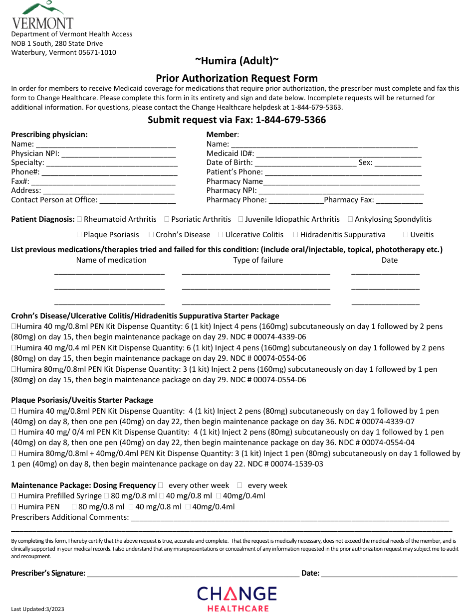 Humira (Adult) Prior Authorization Request Form - Vermont, Page 1