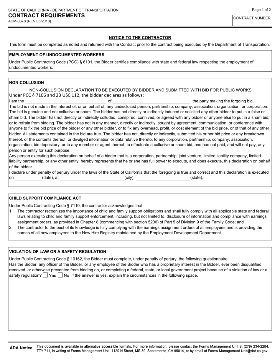 Form ADM-0378 Contract Requirements - California, Page 1