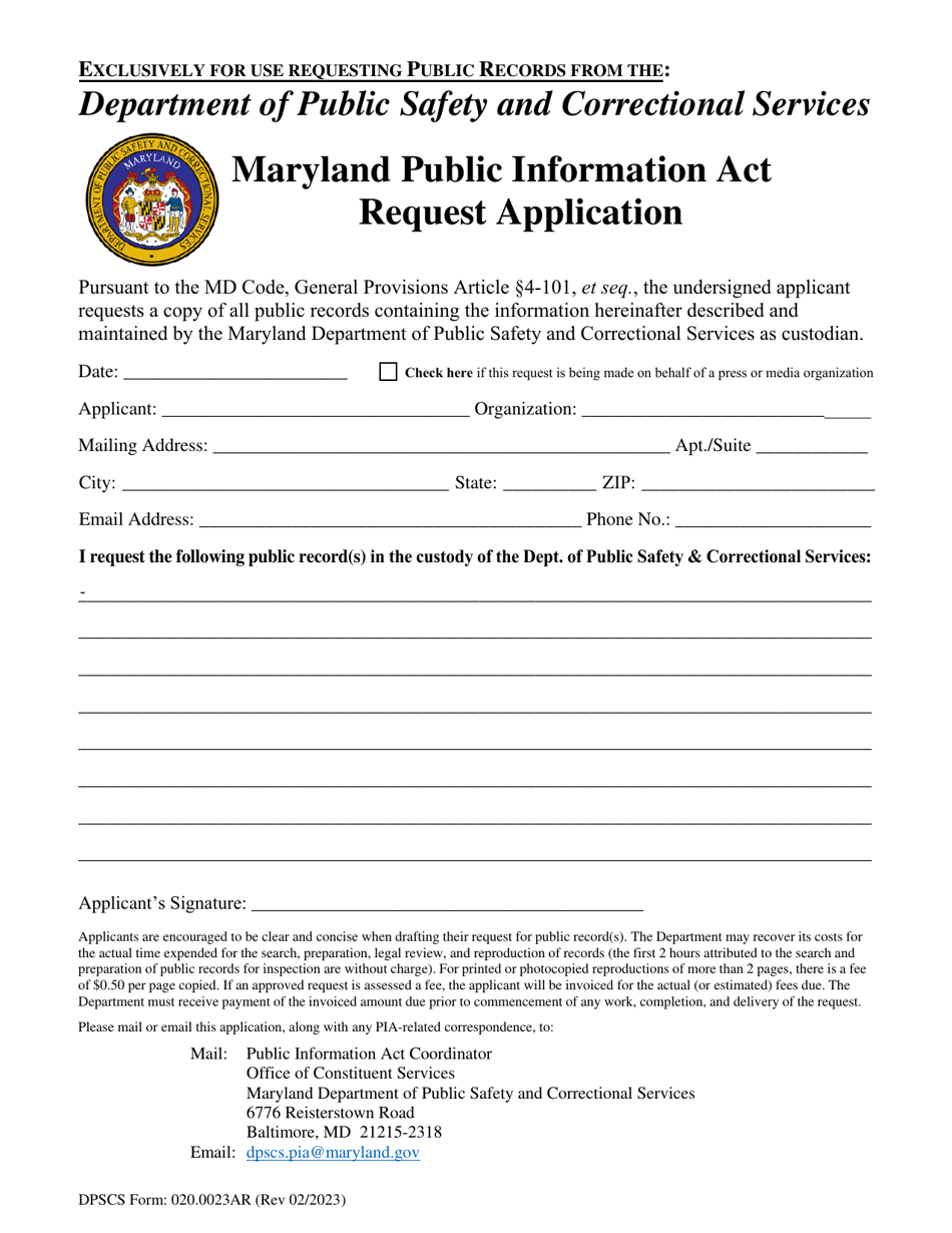 Dpscs Form 0200023ar Download Fillable Pdf Or Fill Online Maryland Public Information Act 9234