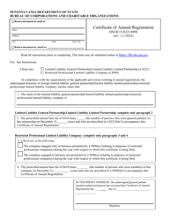 Document preview: Form DSCB:15-8221/8998 Certificate of Annual Registration - Pennsylvania