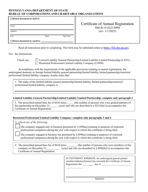 Form DSCB:15-8221/8998 Certificate of Annual Registration - Pennsylvania