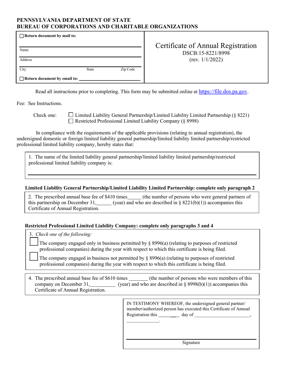 Form DSCB:15-8221 / 8998 Certificate of Annual Registration - Pennsylvania, Page 1