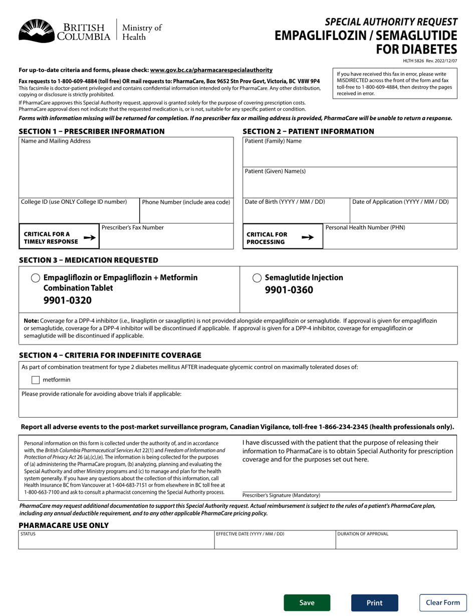 Form HLTH5826 Special Authority Request - Empagliflozin / Semaglutide for Diabetes - British Columbia, Canada, Page 1