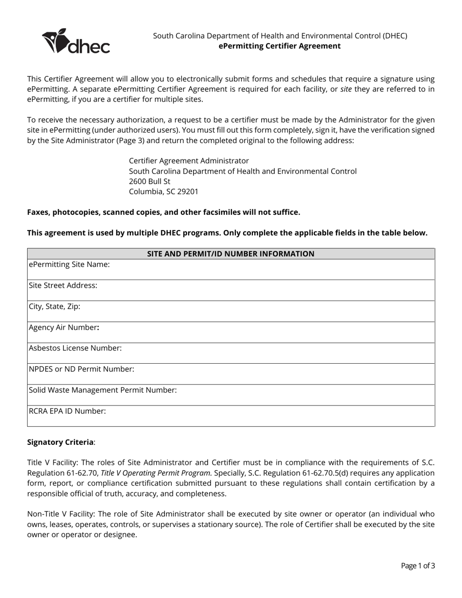 Epermitting Certifier Agreement - South Carolina, Page 1