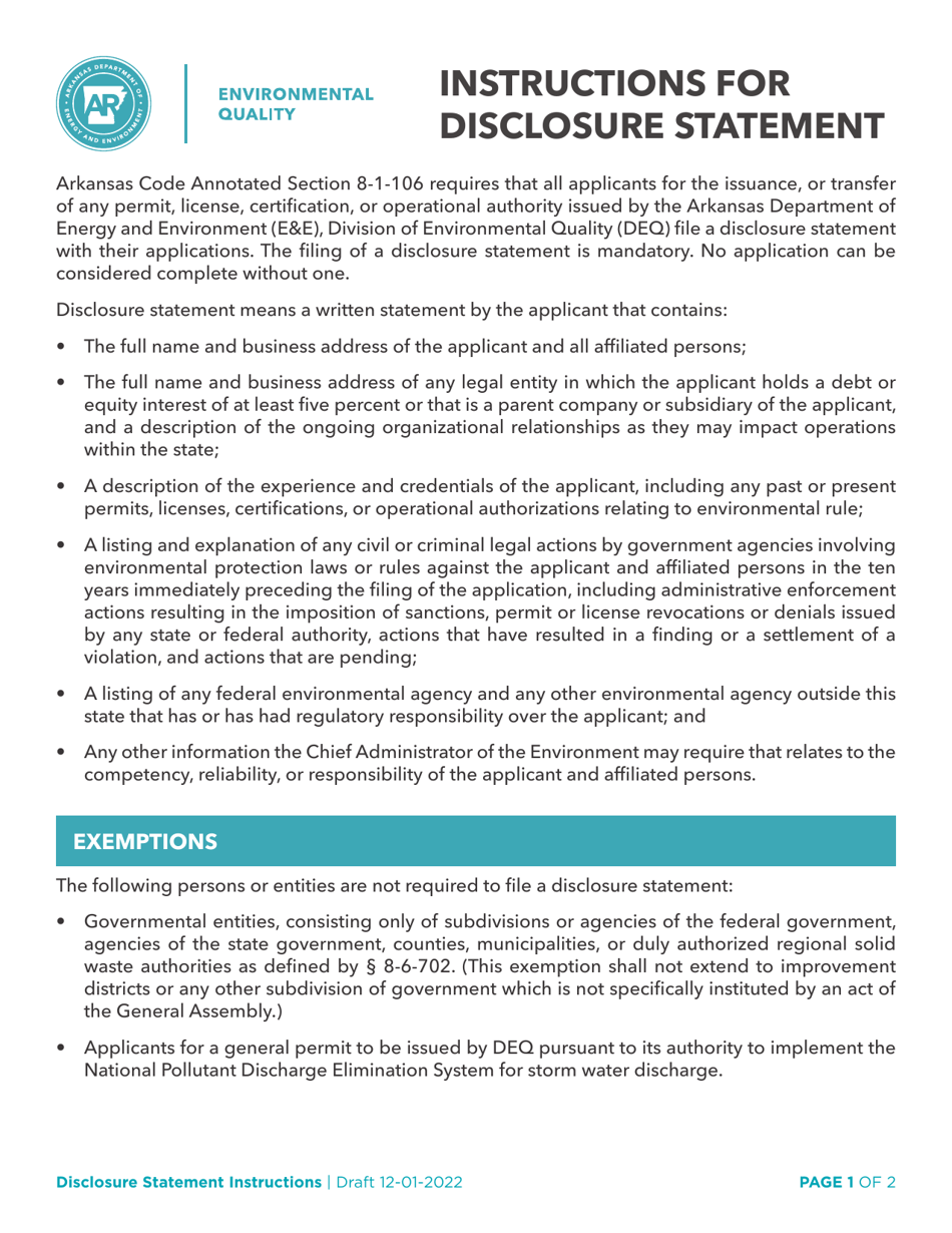 Arkansas Disclosure Statement Fill Out, Sign Online and Download PDF