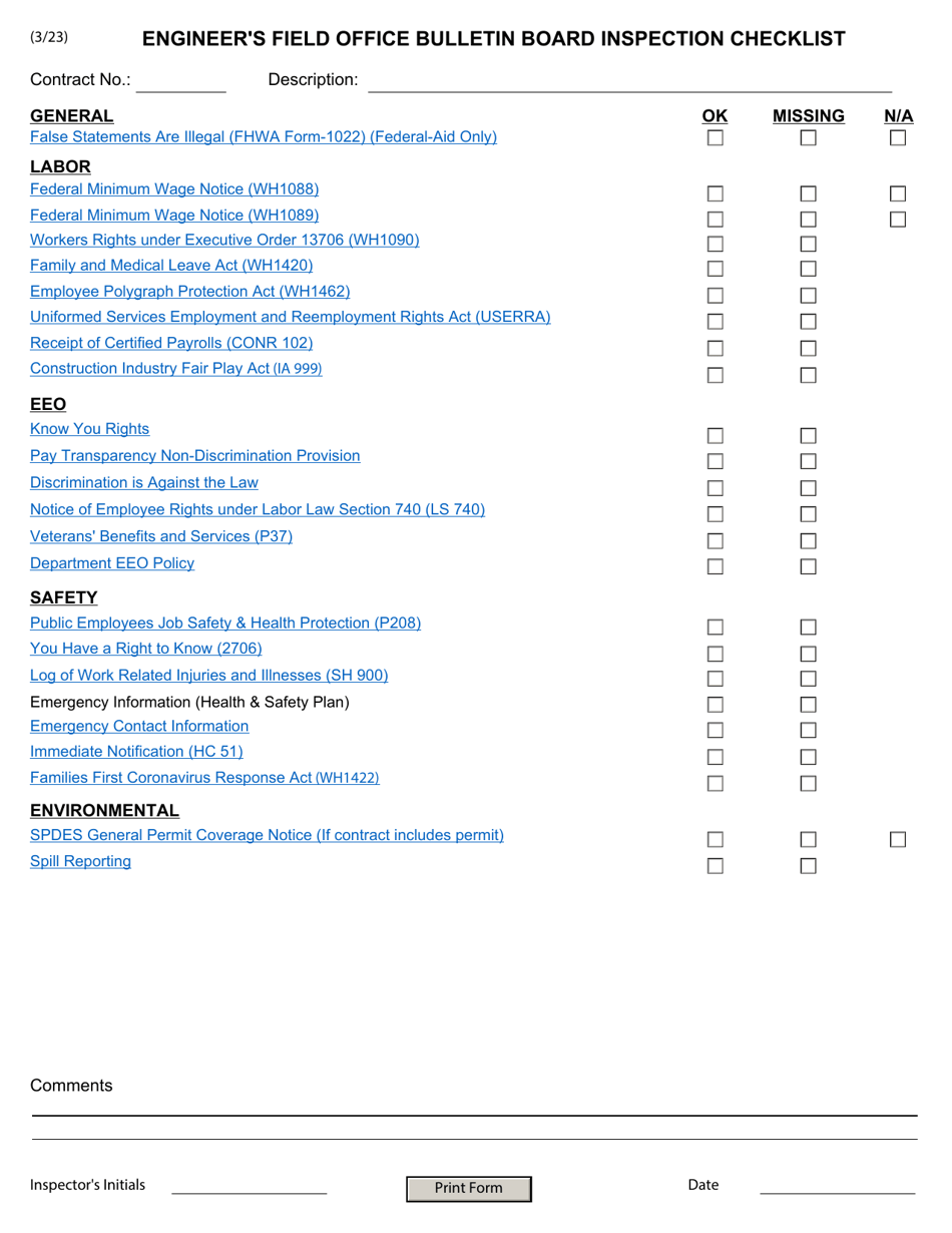 New York Engineer's Field Office Bulletin Board Inspection Checklist Fill Out, Sign Online and