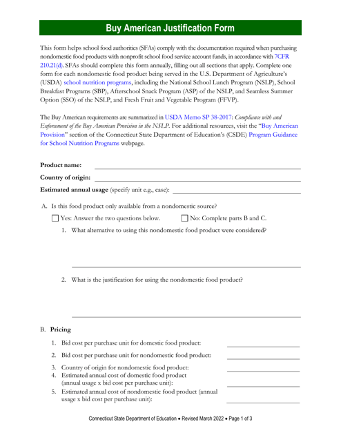 Buy American Justification Form - Connecticut Download Pdf