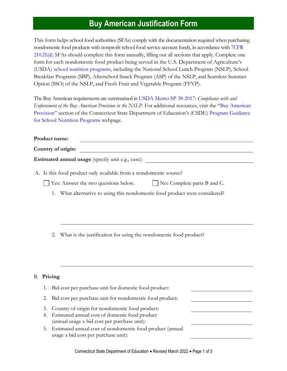 Buy American Justification Form - Connecticut, Page 1