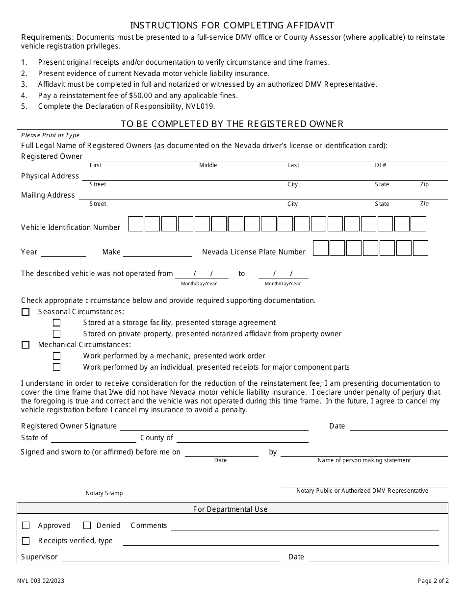 Form NVL003 Dormant Vehicle Affidavit - Nevada, Page 2