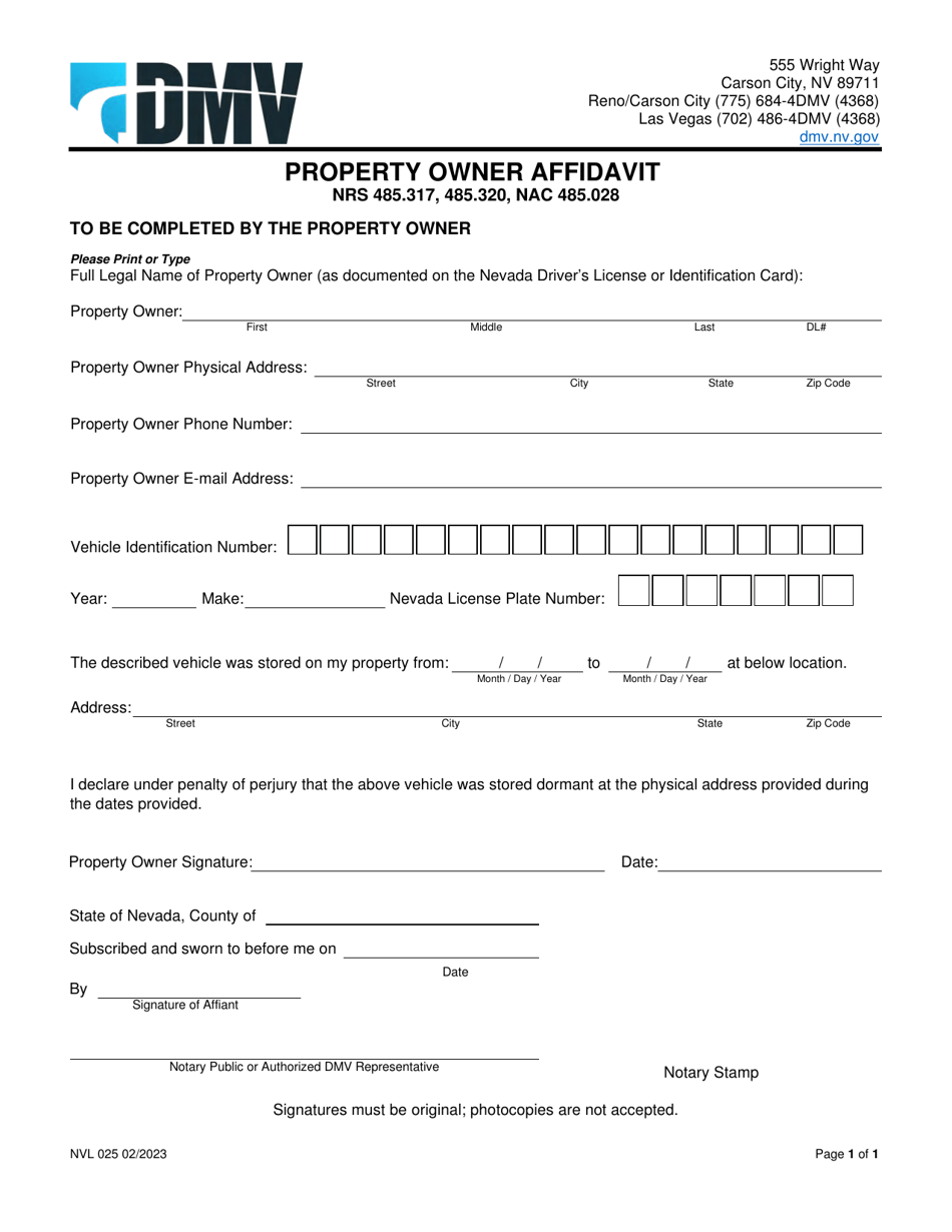 Form NVL025 Property Owner Affidavit - Nevada, Page 1