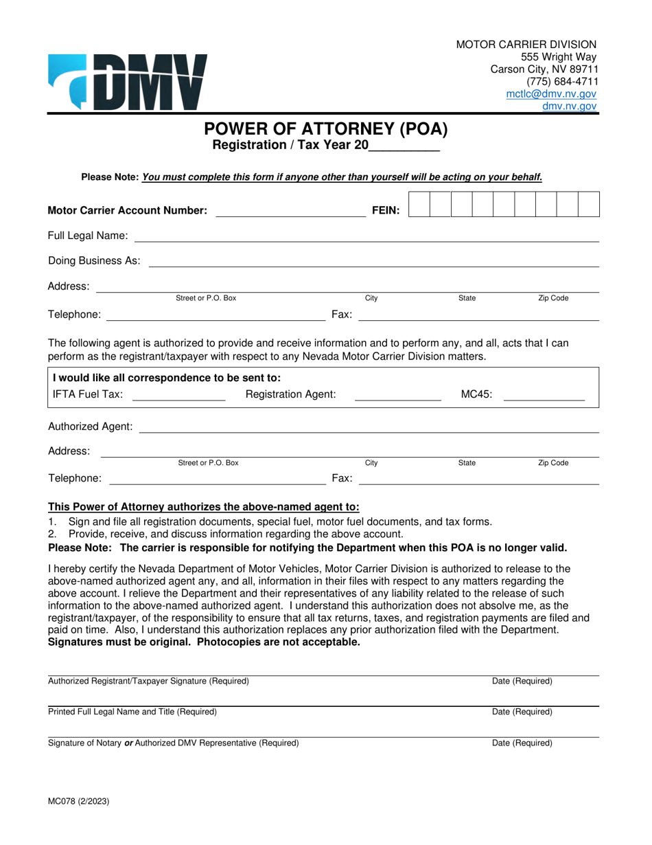 Form MC078 Power of Attorney (Poa) - Nevada, Page 1