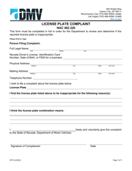 Document preview: Form SP74 License Plate Complaint - Nevada