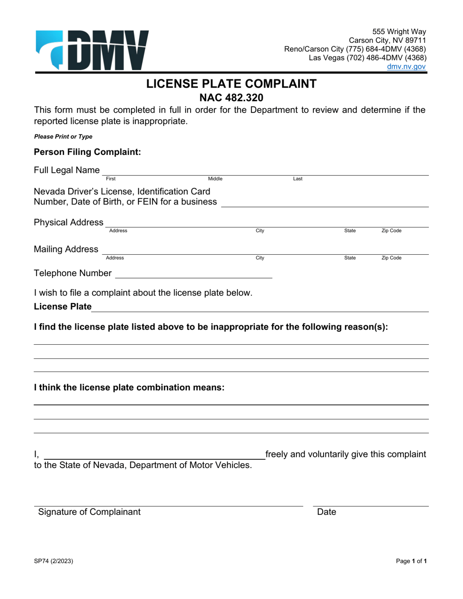 Form SP74 License Plate Complaint - Nevada, Page 1