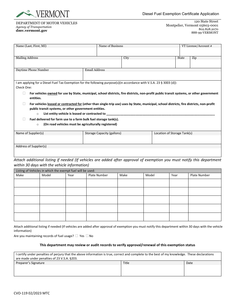 Form CVO-119 Diesel Fuel Exemption Certificate Application - Vermont, Page 1