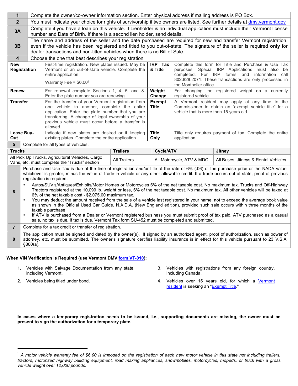 Instructions for Form VD-119 Vermont Registration Tax  Title Application - Vermont, Page 6