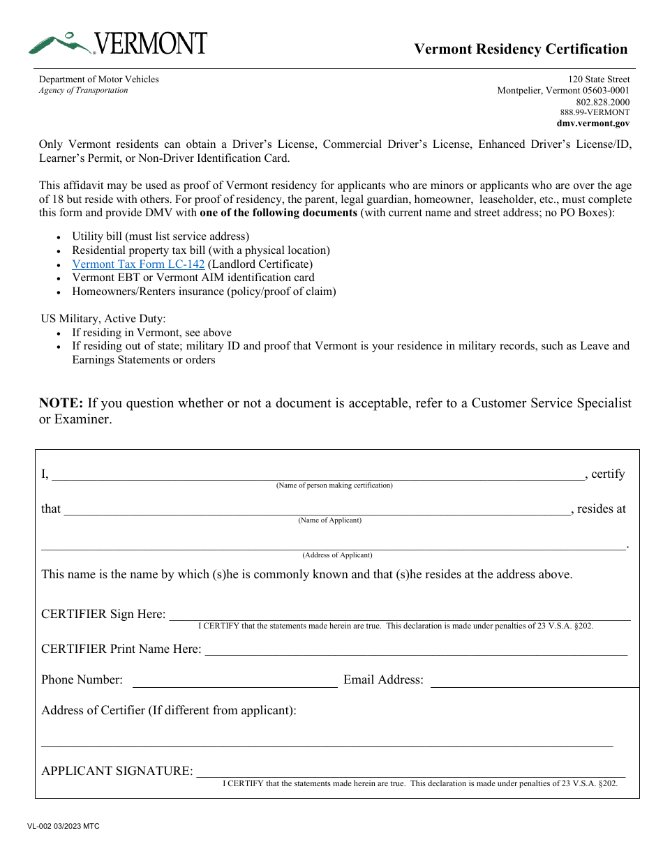 Form VL-002 Vermont Residency Certification - Vermont, Page 1