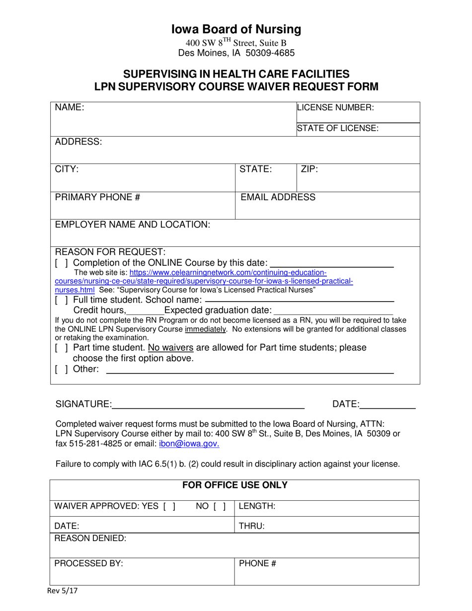 Supervising in Health Care Facilities Lpn Supervisory Course Waiver Request Form - Iowa, Page 1